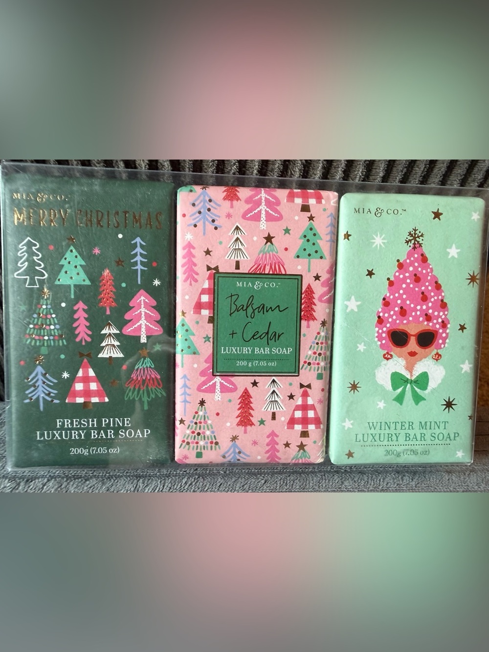 Set of 3 Luxury Balsam Cedar Luxury Bar Soap Christmas Flavors Mint Winter Gift